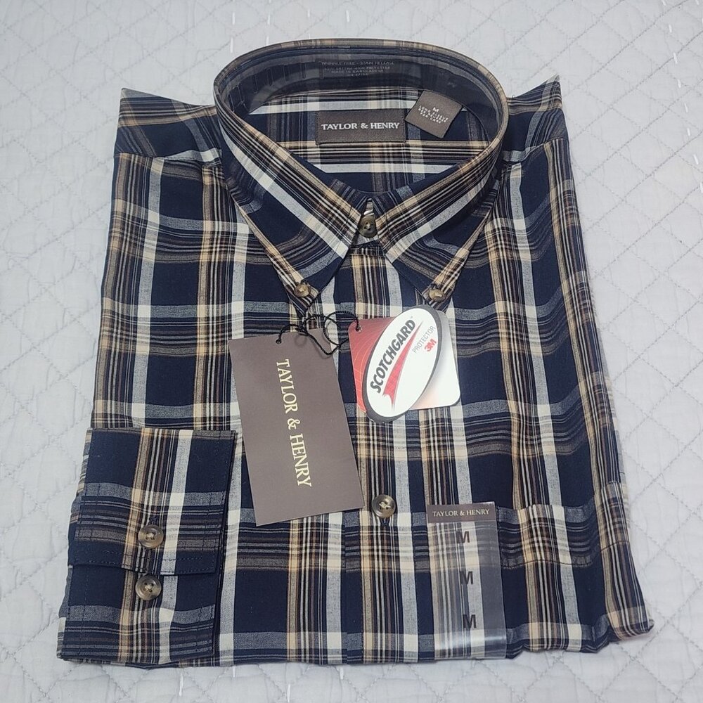 Taylor & Henry Men's Medium Plaid Long Sleeve Button-Up Shirt with Scotchgard